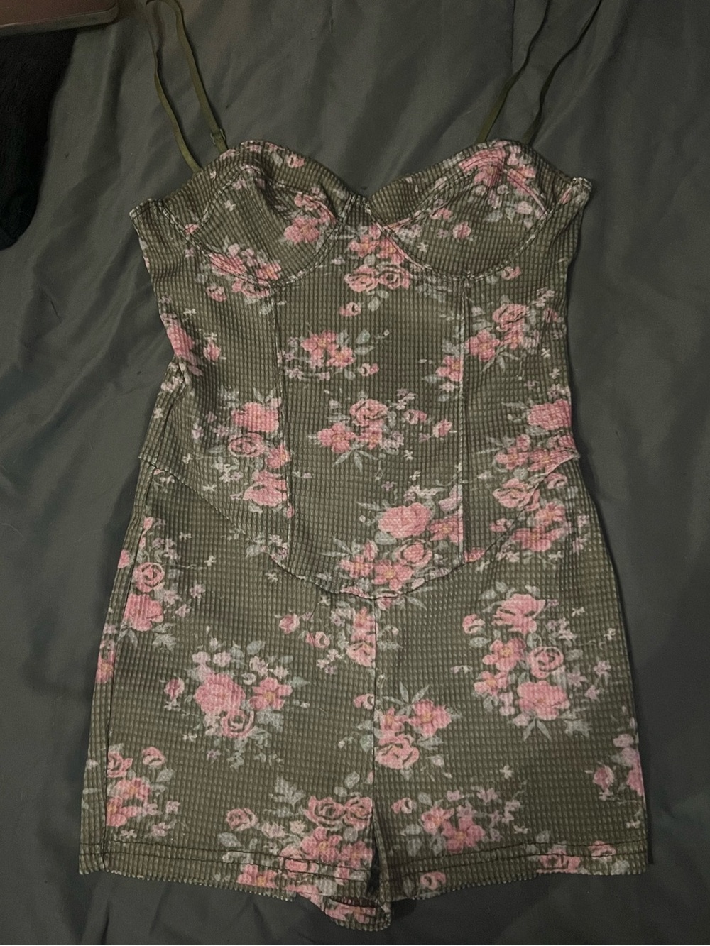 Floral Sweetheart Romper with cover up- Pink on Olive
